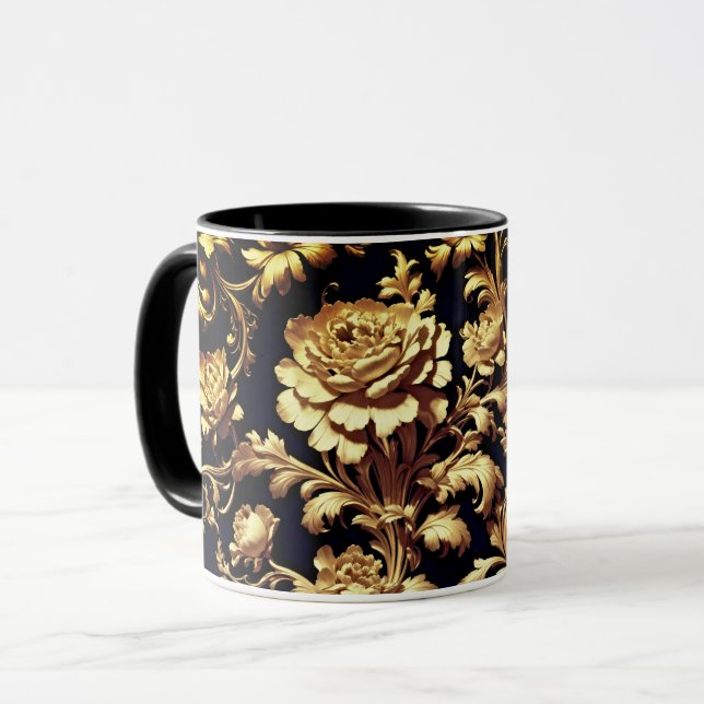 Elegance Personified: Black and Gold Floral  Mug (Front Left)
