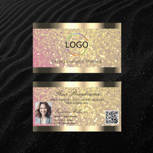 Elegance Pink Gold Glitter Logo Photo and QR Code Business Card