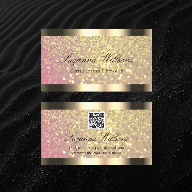 Elegance Pink Golden Glitter Gold Border QR Code Business Card (Creator Uploaded)