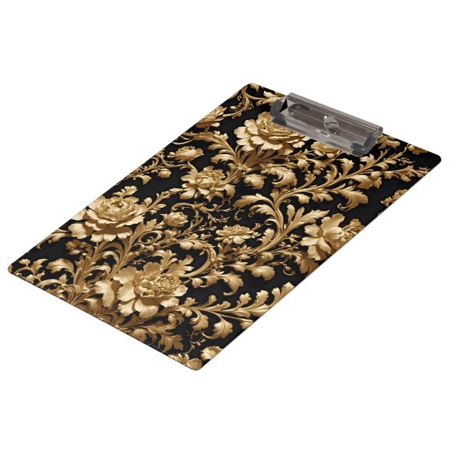 Elegance Reimagined: The Black and Gold Floral Clipboard (Angled)