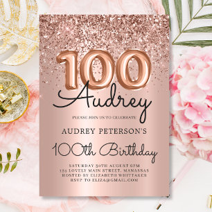 Elegance Rose Gold Glitter Balloon 100th Birthday Invitation