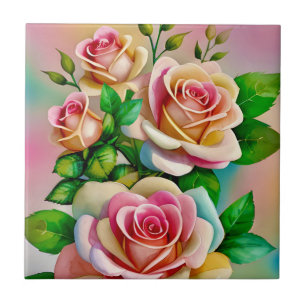 Elegance Roses Pink and Yellow Watercolor Pastel Ceramic Tile