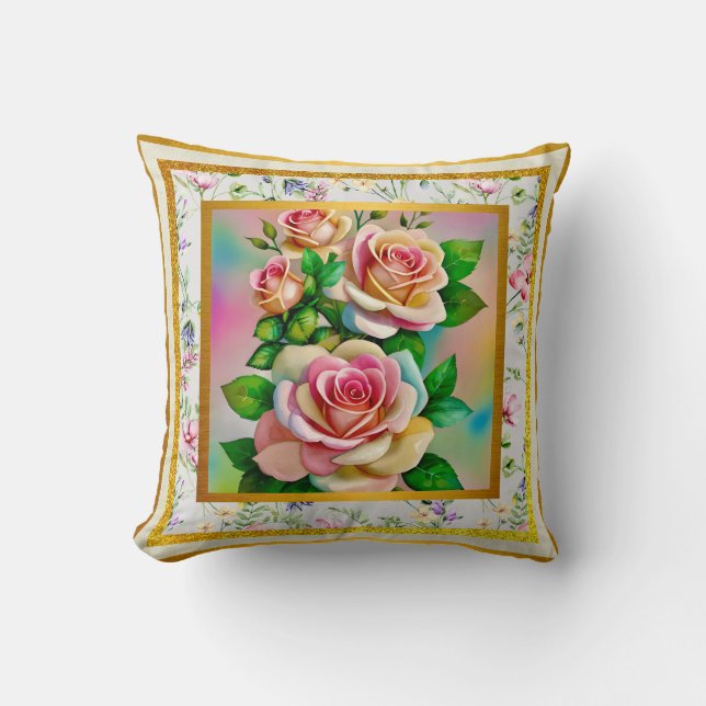 Elegance Roses Pink and Yellow Watercolor Pastel Cushion (Front)