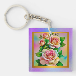 Elegance Roses Pink and Yellow Watercolor Pastel Key Ring