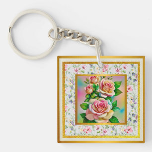 Elegance Roses Pink and Yellow Watercolor Pastel Key Ring