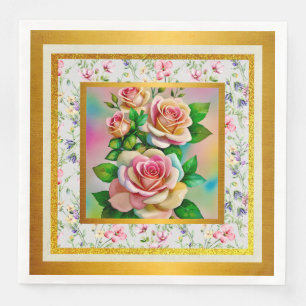 Elegance Roses Pink and Yellow Watercolor Pastel Napkin