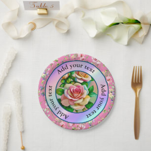 Elegance Roses Pink and Yellow Watercolor Pastel Paper Plate