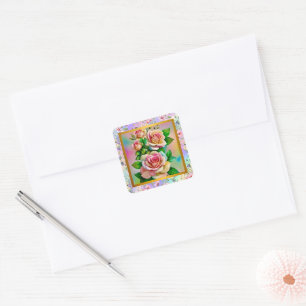 Elegance Roses Pink and Yellow Watercolor Pastel Square Sticker