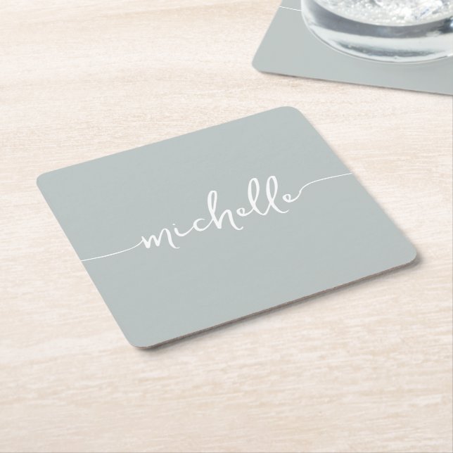 Elegance Sage Green Monogram Script Signature Square Paper Coaster (Angled)