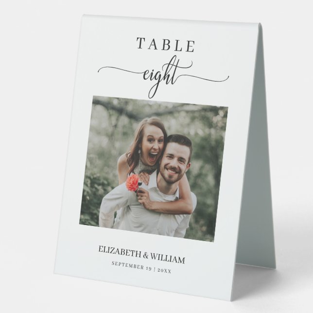 Elegance Script Photo Wedding Table Number Eight (Front)