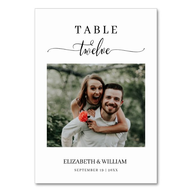 Elegance Script Photo Wedding Table Number Twelve (Front)