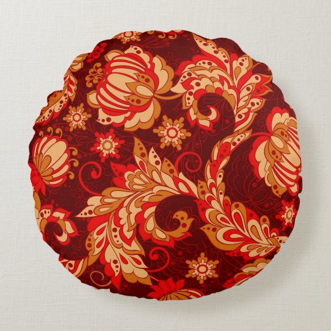 elegance seamless pattern with ethnic flowers, vin round cushion (Front)
