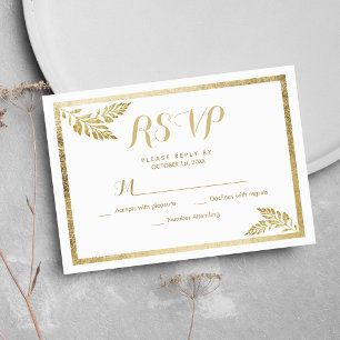 Elegance simple white golden leaf floral RSVP Card