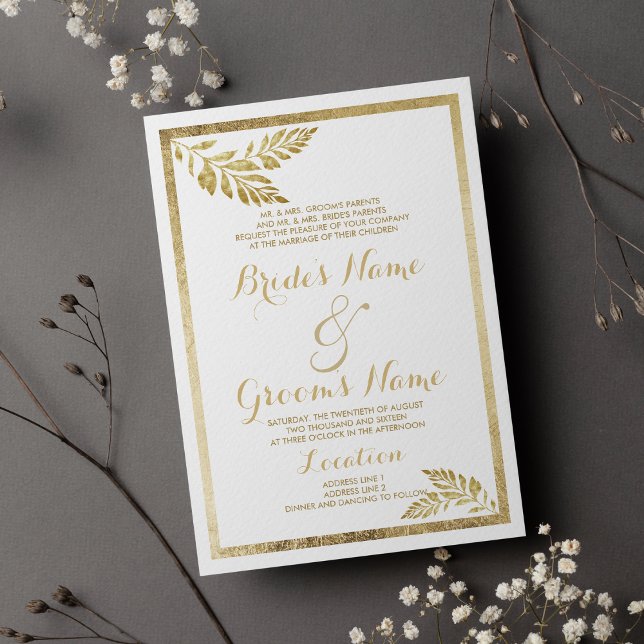Elegance simple white golden leaf floral Wedding Invitation (Elegance simple white golden leaf floral Wedding)