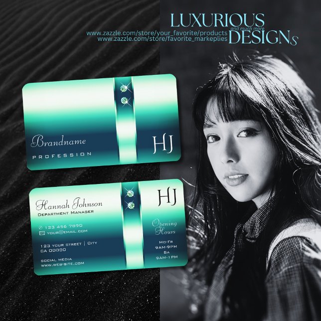 Elegance Teal Gradient Shimmery Diamonds Initials Business Card (Creator Uploaded)
