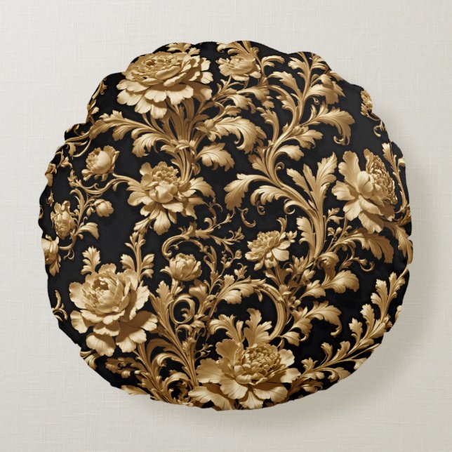 Elegance Unveiled: The Baroque Noir Floral Round Cushion (Front)