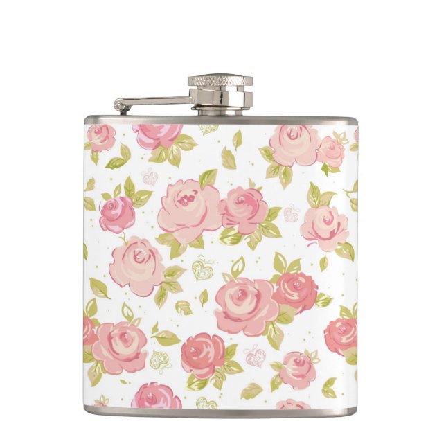 Elegance wallpaper pattern of pink roses 3 hip flask (Front)