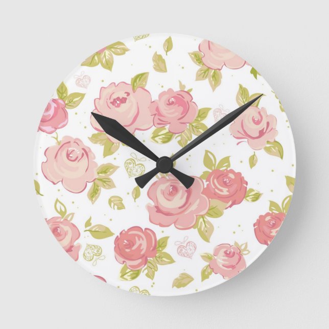 Elegance wallpaper pattern of pink roses 3 round clock (Front)