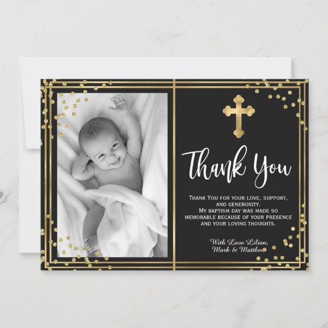 Elegand Gold and Black Baptism Thank You Cards (Front)