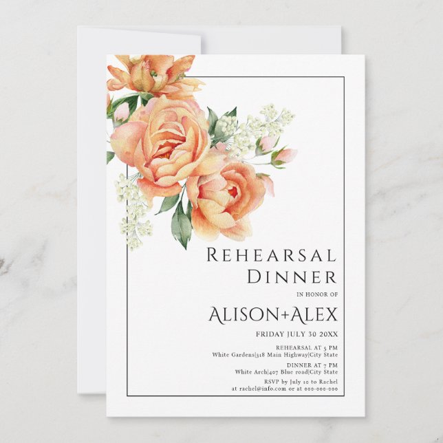 Eleganr oeach peony flowers rehearsal dinner invitation (Front)