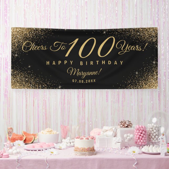 Elegant 100 Birthday Party Black Gold Name Script Banner (Party)