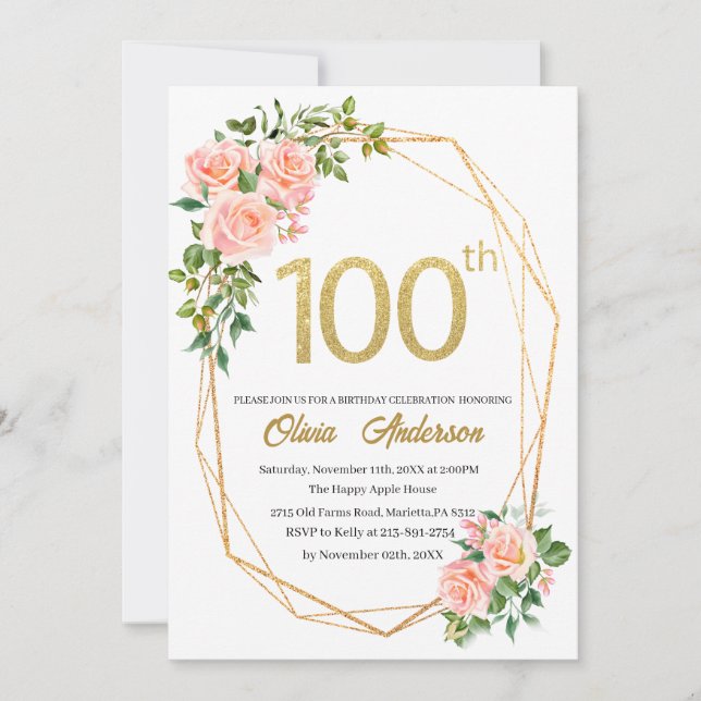 Elegant 100th  Birthday Celebration Watercolor Gli Invitation (Front)