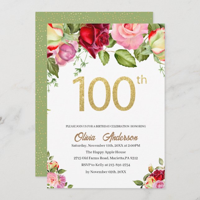 Elegant 100th  Birthday Celebration Watercolor Gli Invitation (Front/Back)