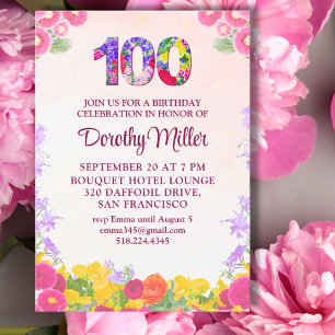Elegant 100th Birthday - Floral 100 Invitation Postcard