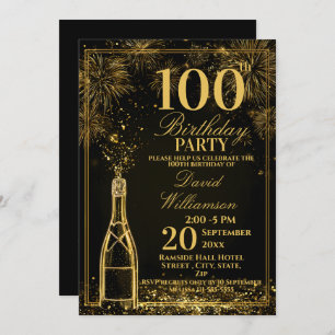 Elegant 100th Birthday Gold Bottle Fizz Invitation