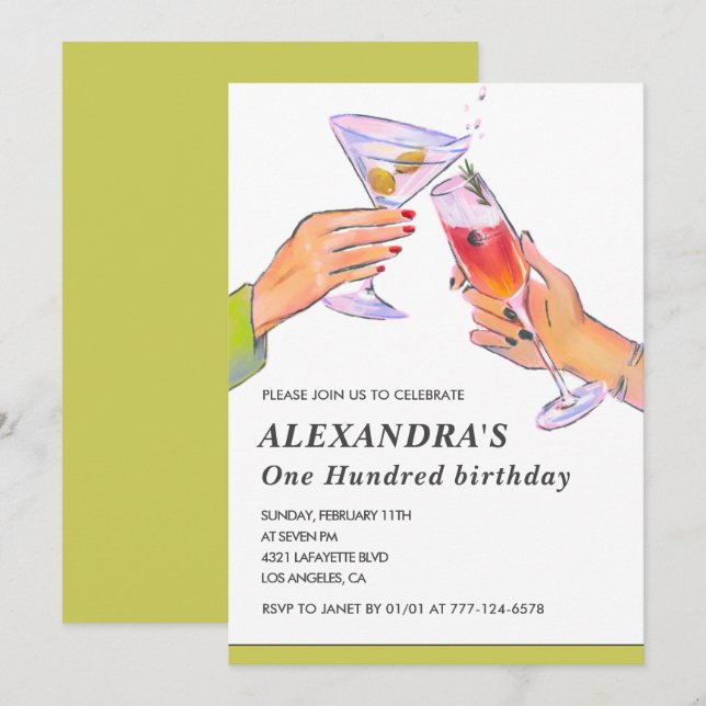 Elegant 100th birthday invitations Cocktail Party (Front/Back)