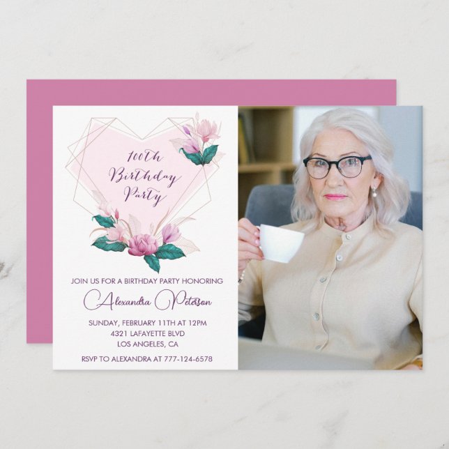 Elegant 100th birthday invitations Floral Photo (Front/Back)