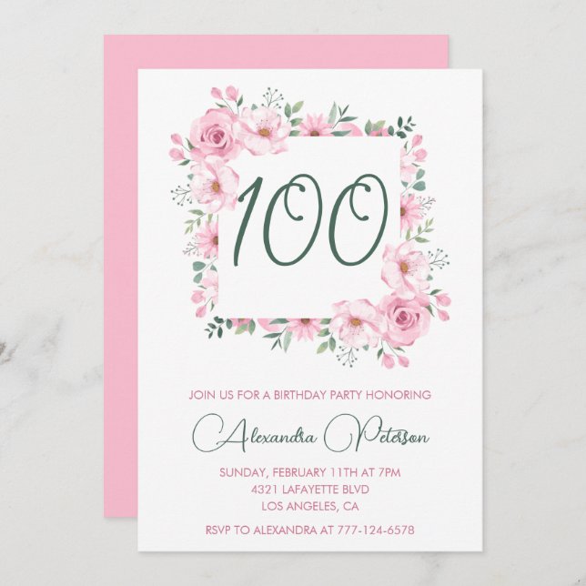 Elegant 100th birthday invitations Floral  Pink (Front/Back)