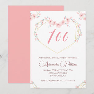 Elegant 100th birthday invitations Pink Floral 