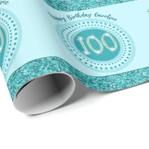 Elegant 100th Birthday Teal Blue Glitter & Stripes Wrapping Paper