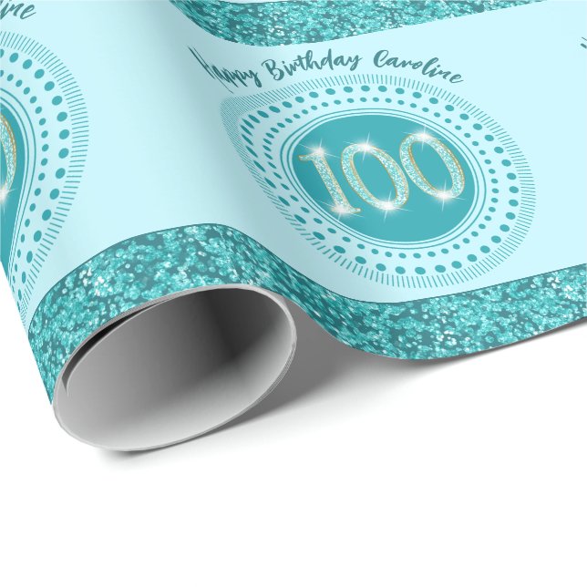 Elegant 100th Birthday Teal Blue Glitter & Stripes Wrapping Paper (Roll Corner)