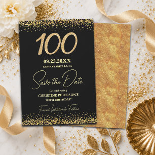 Elegant 100th Black Gold Glitter Birthday Save The Date