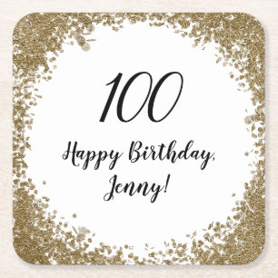 Elegant 100th Milestone Birthday Party Black Gold Square Paper Coaster