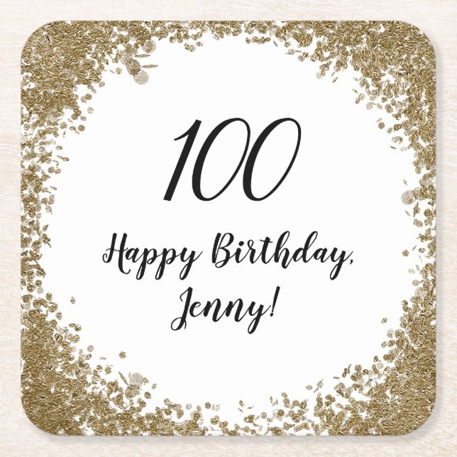 Elegant 100th Milestone Birthday Party Black Gold Square Paper Coaster (Front)