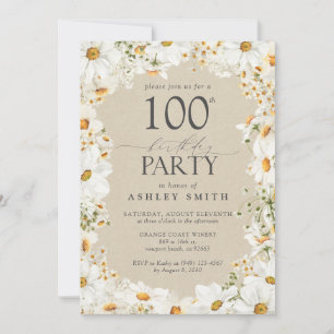Elegant 100th Watercolor Floral Daisy Birthday  Invitation