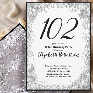 Elegant 102nd Birthday Invitation Silver and Black