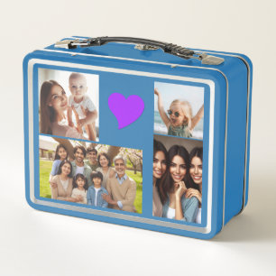 Elegant 10 Family Photos, Pink Purple Hearts, Blue Metal Lunch Box