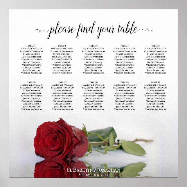 Elegant 10 Table Red Rose Wedding Seating Chart (Front)