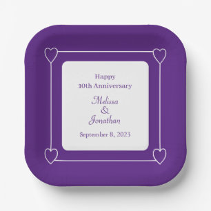 Elegant 10th Anniversary Romantic Hearts Purple Paper Plate