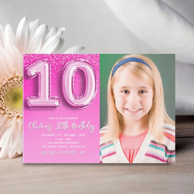 Elegant 10th Birthday girl with photo Numer Ballon Invitation (Creator Uploaded)