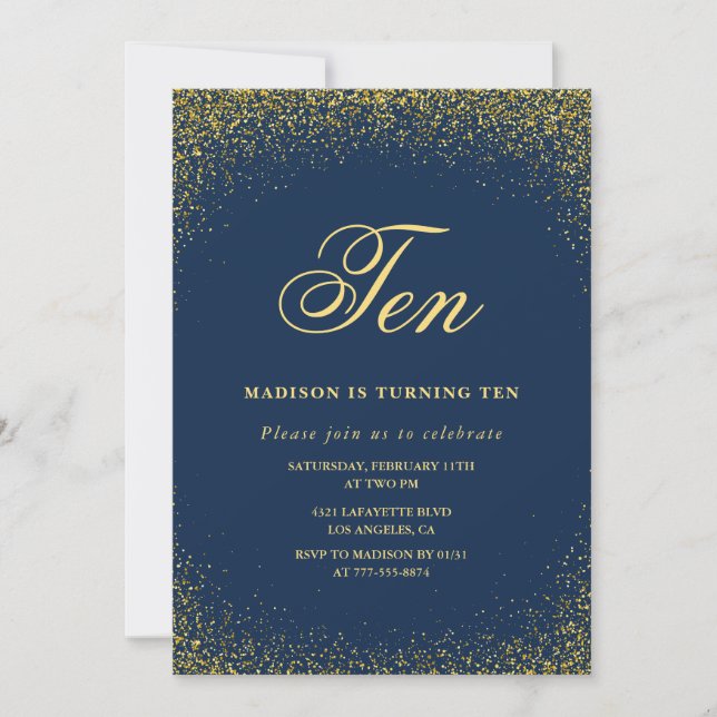 Elegant 10th birthday invitation Gold Navy Glam (Front)