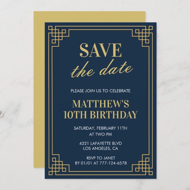 Elegant 10th birthday invitation Men Save the date (Front/Back)