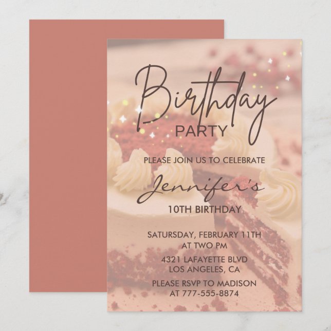 Elegant 10th birthday invitations Cake Chic (Front/Back)