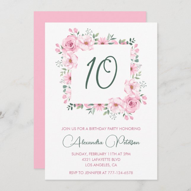 Elegant 10th birthday invitations Floral  Pink (Front/Back)