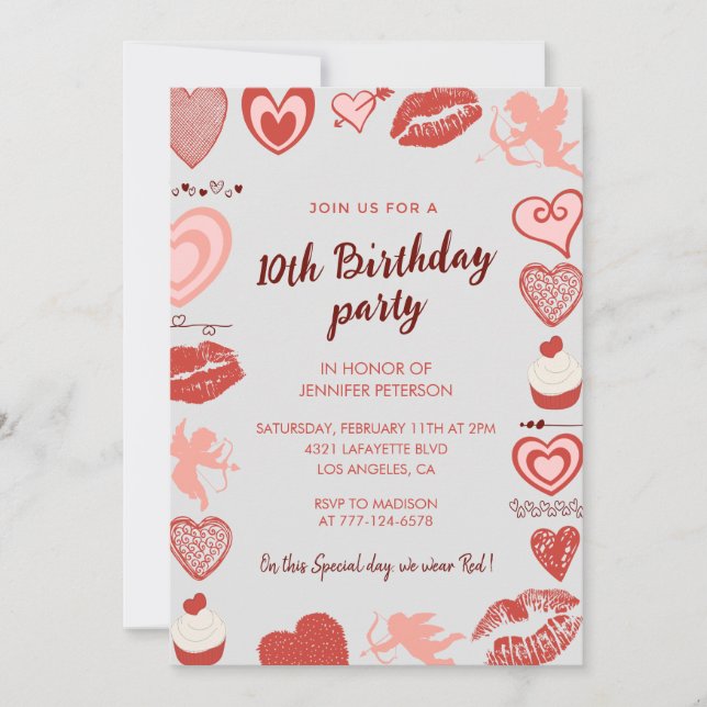 Elegant 10th birthday invitations Grey Red Hearts (Front)