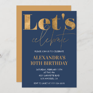 Elegant 10th birthday invitations Navy Gold